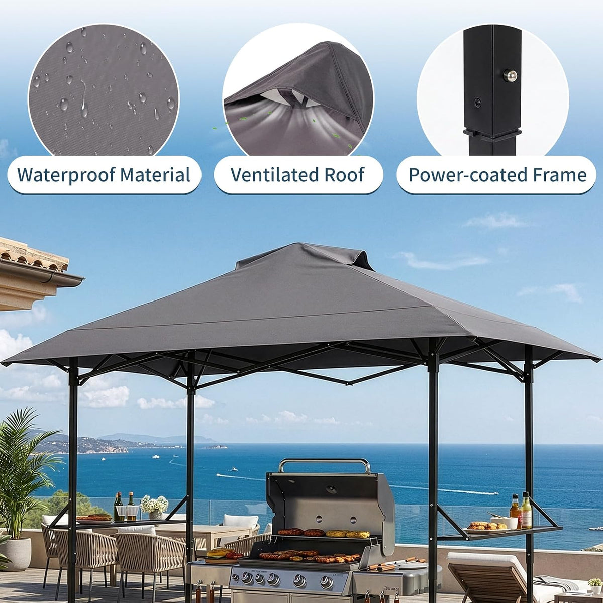 VINGLI 8x5 Pop Up Grill Gazebo BBQ Gazebo with 2 Side Shelves, Outdoor Grill Canopy BBQ Canopy Adjustable Height, Grilling Pergola for Patio Garden (Gray)