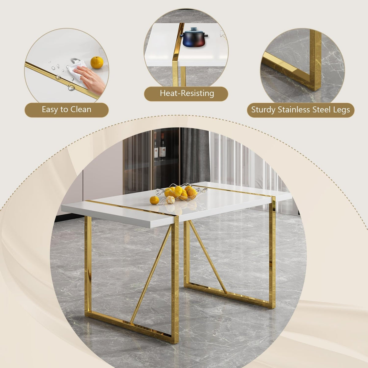 Modern Dining Table Set for 6, 55'' Dining Room Table Set with 6 Faux Leather Chairs, White Wood Tabletop with Gold Metal Legs, Suitable for Small Space