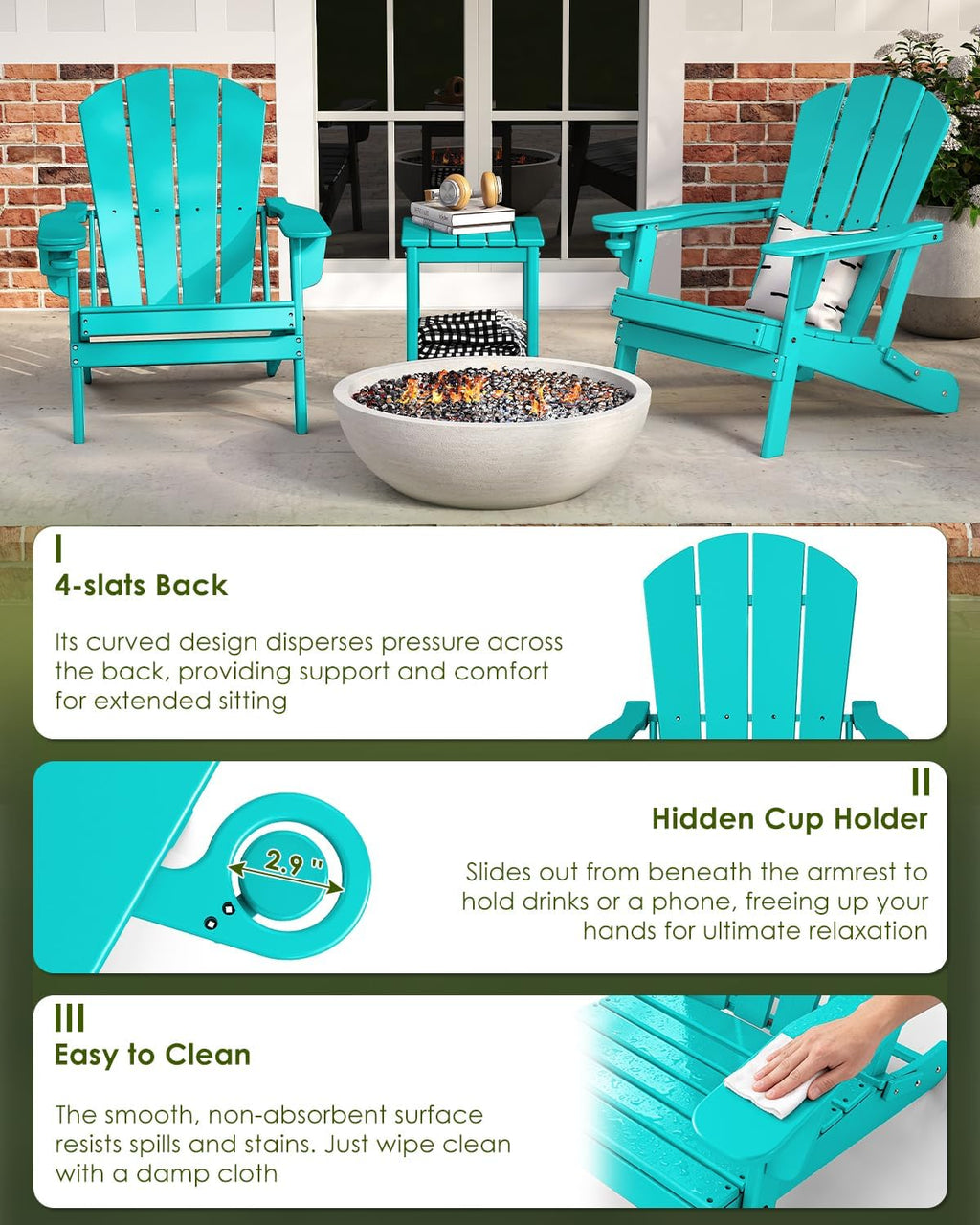 GREENVINES Folding Adirondack Chair w/Cup Holder, HDPE, Aqua