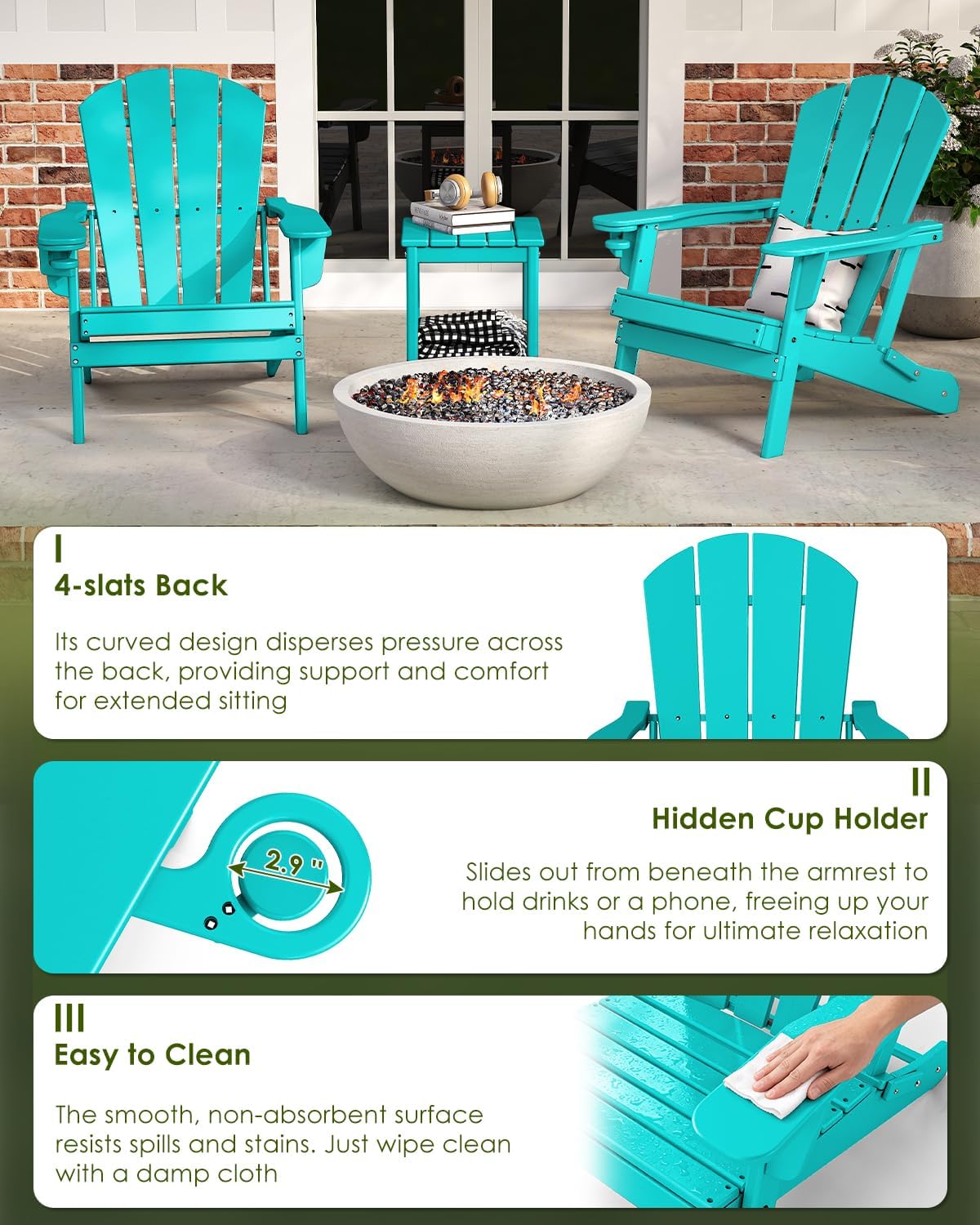 GREENVINES Folding Adirondack Chair w/Cup Holder, HDPE, Aqua