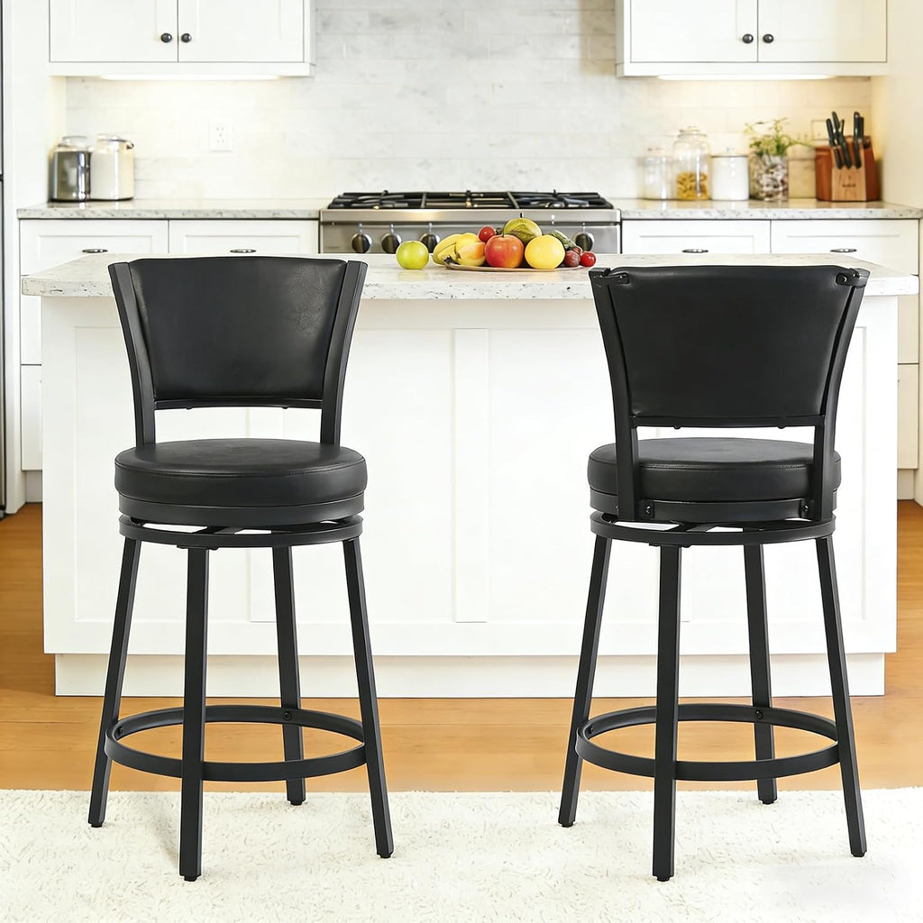 Swivel Bar Stools Set of 2, 25 inch Counter Height Barstools, Modern Metal Swivel Bar Chairs with Backrest, Faux Leather Upholstered Counter Height Chairs for Kitchen Island, Black
