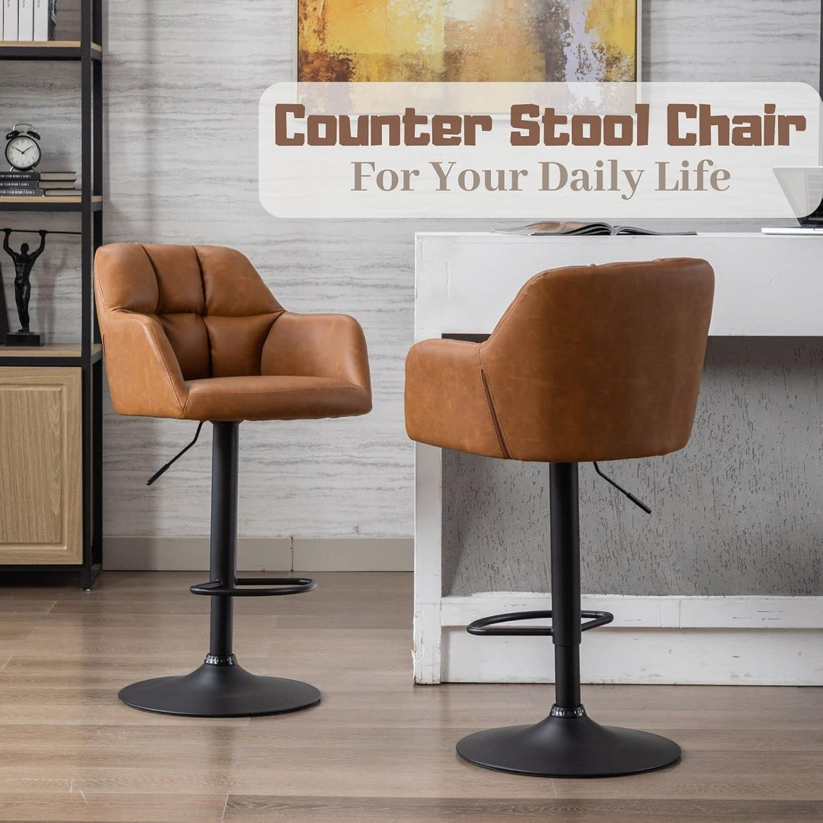ROCITY Swivel Bar Stools Set of 6 Leather Kitchen Counter Stool Chair Upholstered Island Chairs Adjustable Barstool with Back, Brown Bar Stools