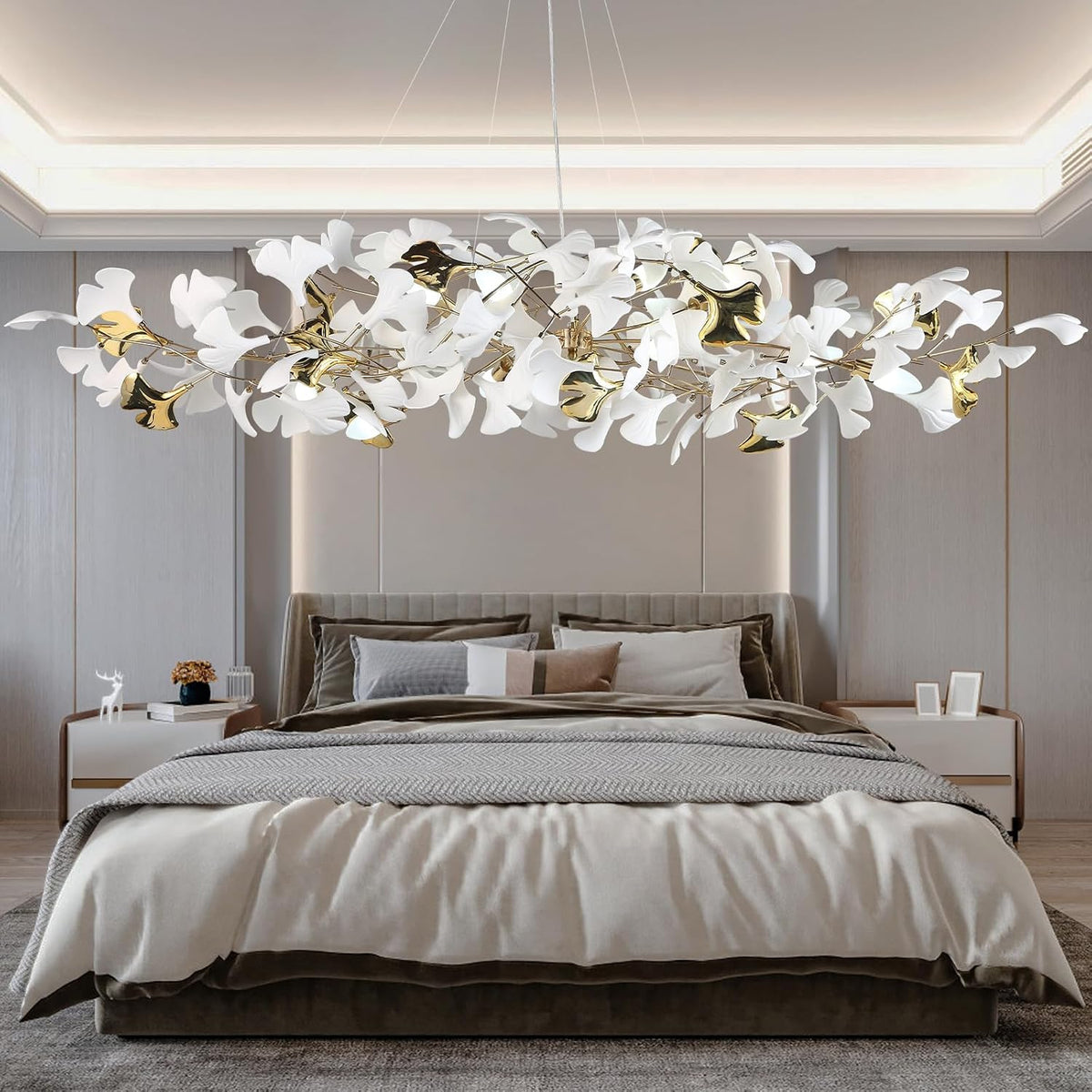 59 Inch White Rectangle Chandelier Gold Ceramic Ginkgo Leaf Chandeliers Brass Large Chandelier Modern Hanging Lights Fixture for Living Room Dining Room Kitchen Island,10-Light