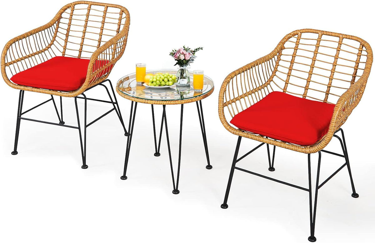 DORTALA 3 Piece Outdoor Bistro Set, Small Patio Furniture Set with with Metal & Wicker Frame, Tempered Glass Tabletop, All-Weather Table and Chairs for Backyard, Balcony, Poolside, Red