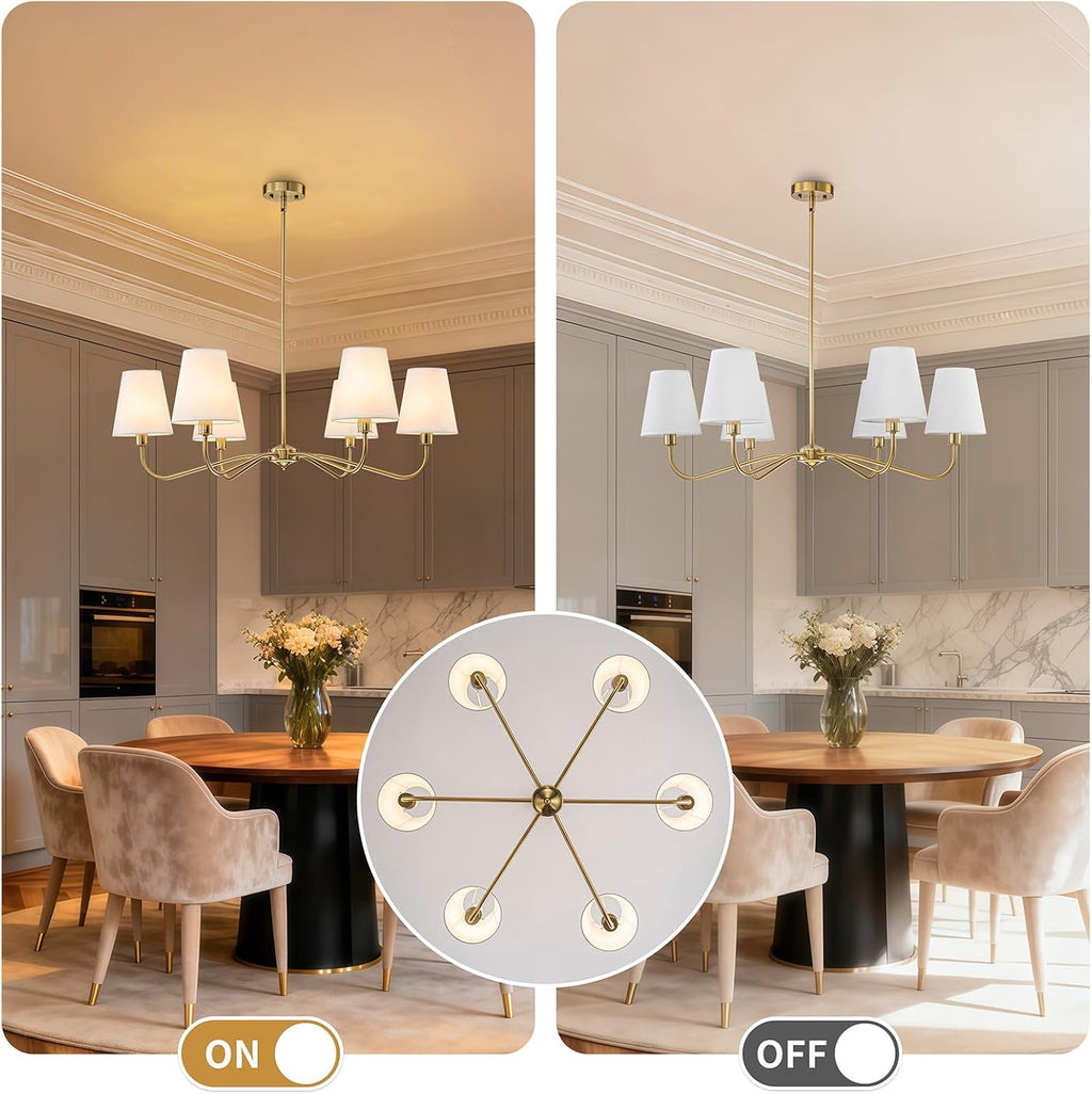 Brass Gold Chandeliers for Dining Room 6 Light Chandelier with Fabric Shade