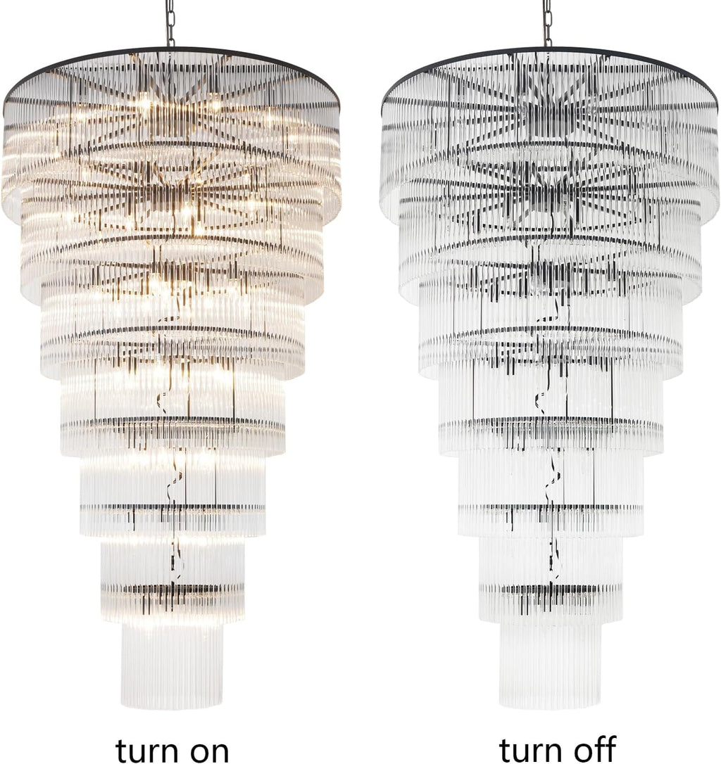 Large Black Chandelier for High Ceiling H68" 7-Tier Glass Chandelier Modern
