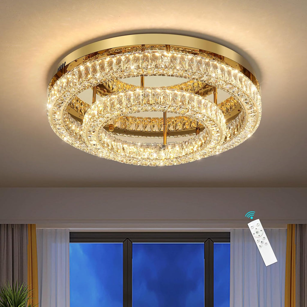 24 Inch Modern Glam Crystal Chandelier with Dimmable LED Light Ceiling Light Fixtures for Bedroom Dining Room Gold Lamp