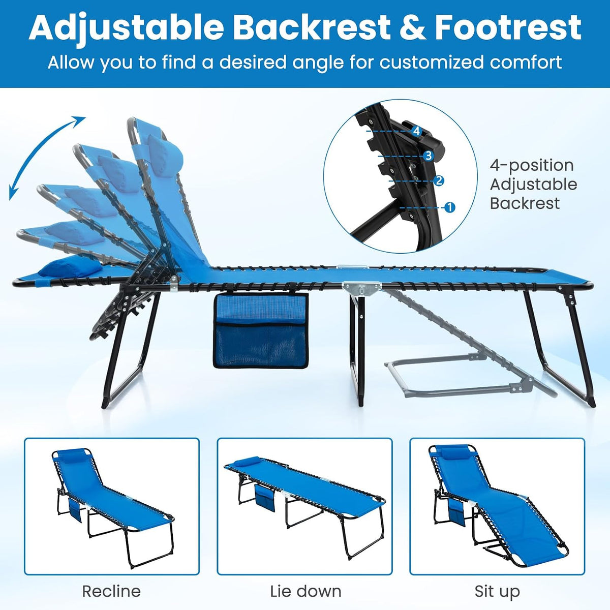 COSTWAY Folding Chaise Lounge Chair, Foldable Pool Lounger(1, Navy)
