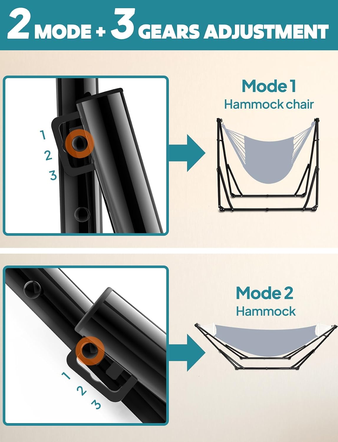 anyoo 2-in-1 hammock & chair stand with collapsible showing dimensions
