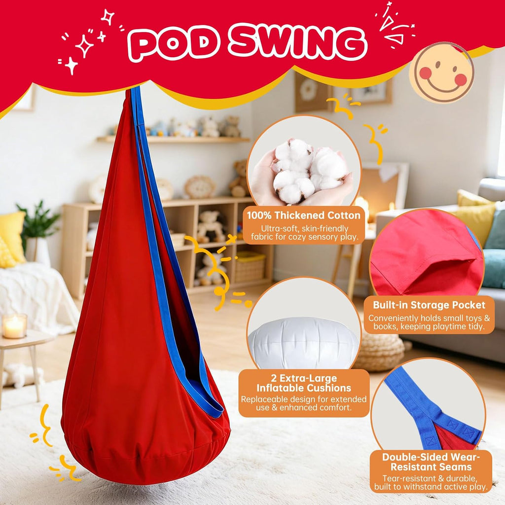 Sensory Swing Stand with Pod Swing, Metal Sensory Swing Set Frame for Indoor Outdoor Backyard (Red)