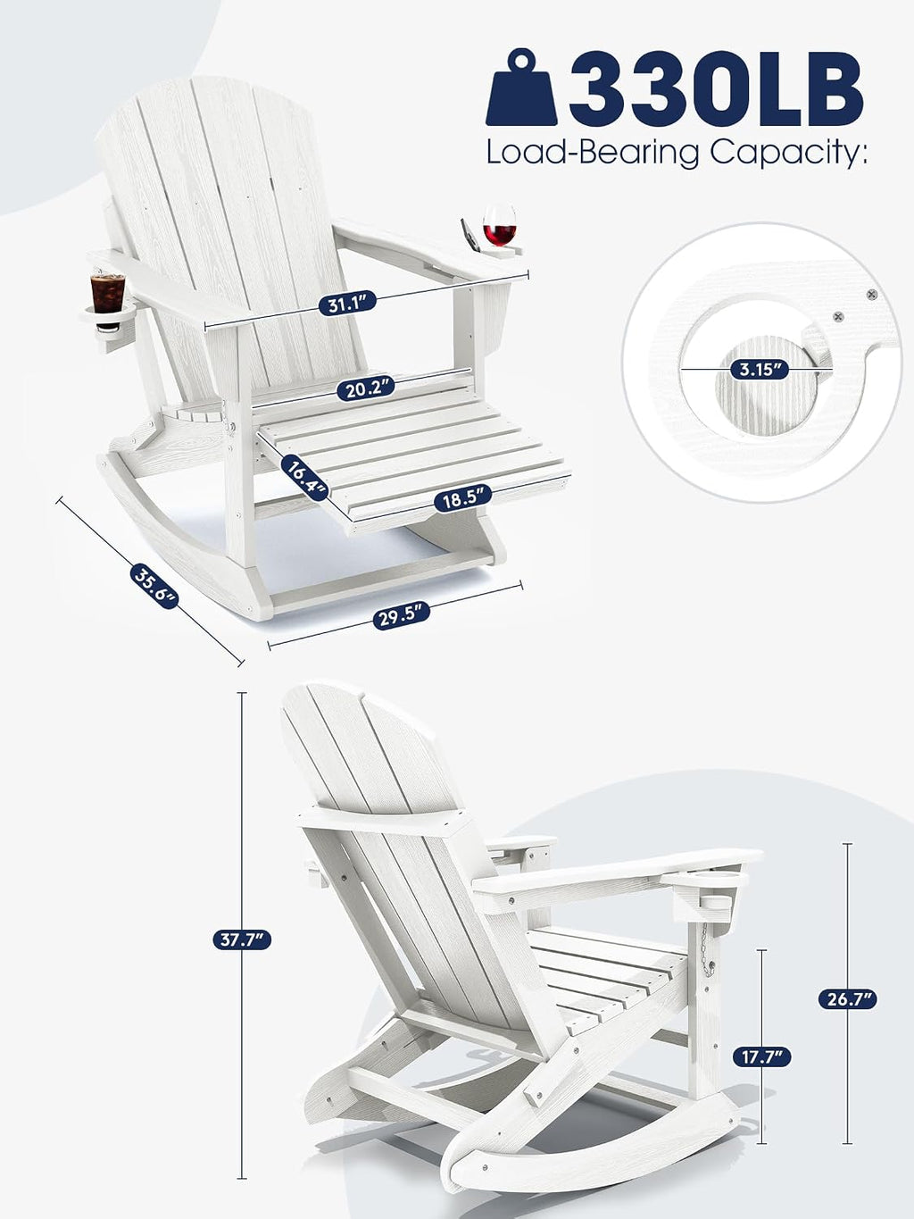 KINGYES Adirondack Rocking Chair Set of 2 with Ottoman and Cup Holders