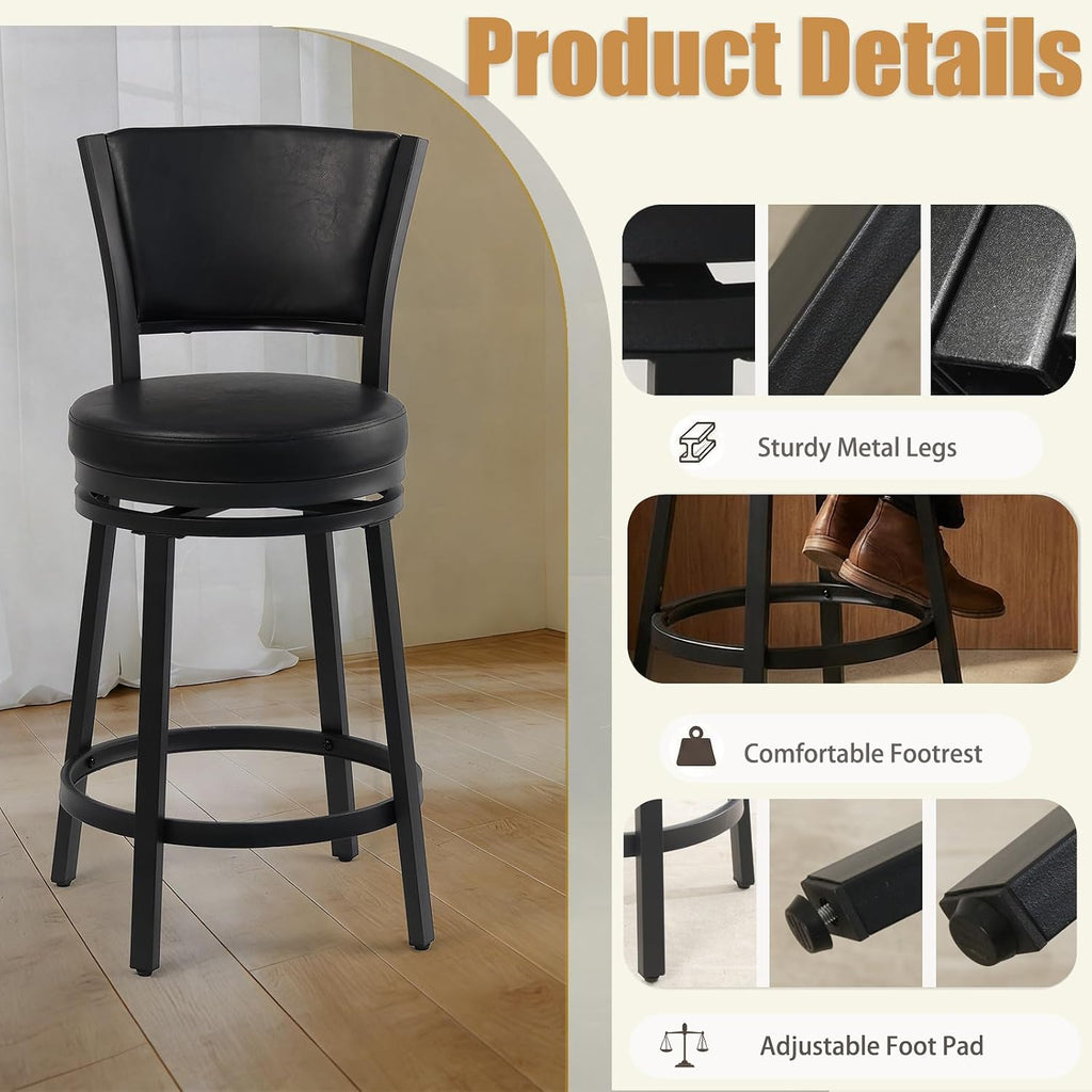 Swivel Bar Stools Set of 2, 25 inch Counter Height Barstools, Modern Metal Swivel Bar Chairs with Backrest, Faux Leather Upholstered Counter Height Chairs for Kitchen Island, Black
