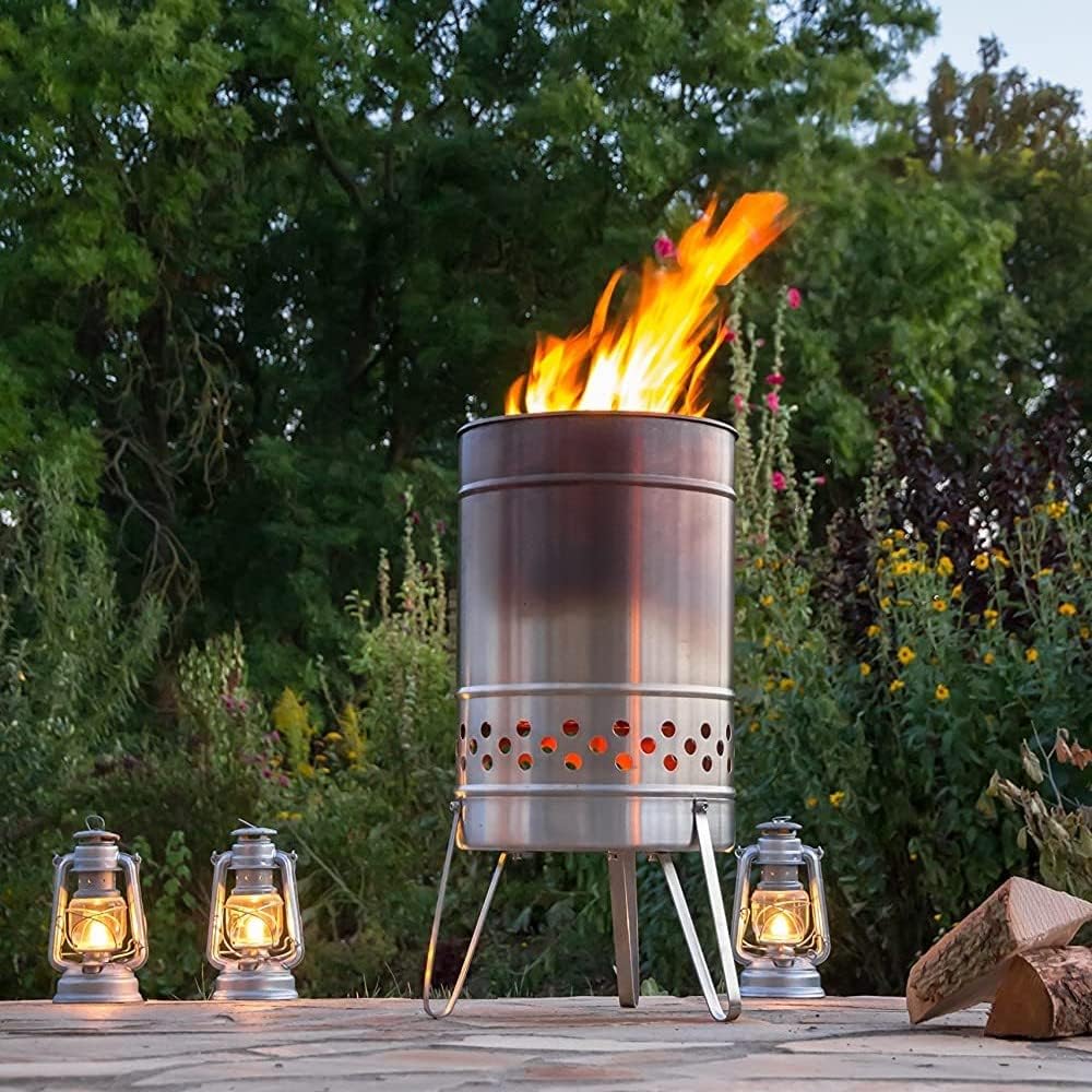 Feuerhand Fire Barrel Pyron, Stainless Steel Double-Walled Fire Pit for Yard or Patio, Feet Protect Ground Surface, 29" High, Great for Cooking Outdoors