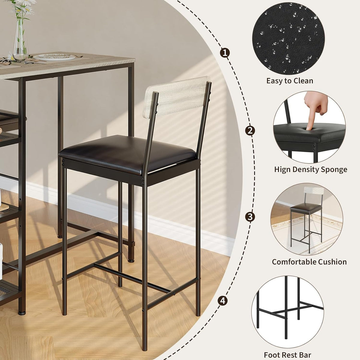 3-piece counter height dining set for 2, small, close-up detail