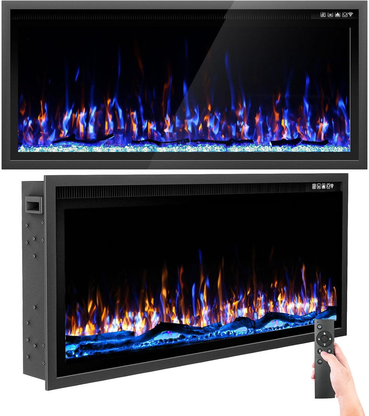 Kucreiheat 42 Inch Electric Fireplace Aluminum Frame-Ultra Silm Fireplace Recessed/Wall Mount, Log, Driftwood & Crystal Option, Wall Fireplace Electric w/Remote Control, Thermostat, Timer, 750w/1500w