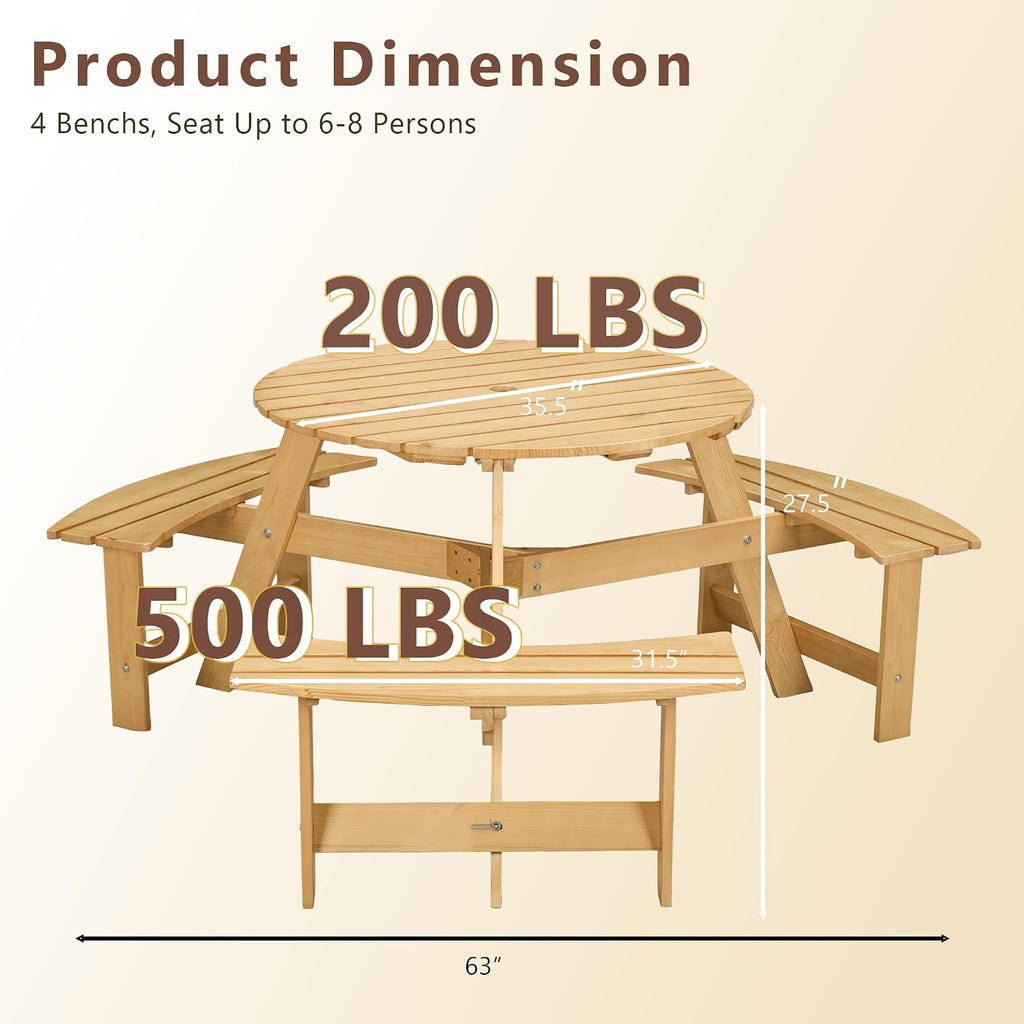 Round 6 Person Outdoor Picnic Table with 3 Built-in Benches