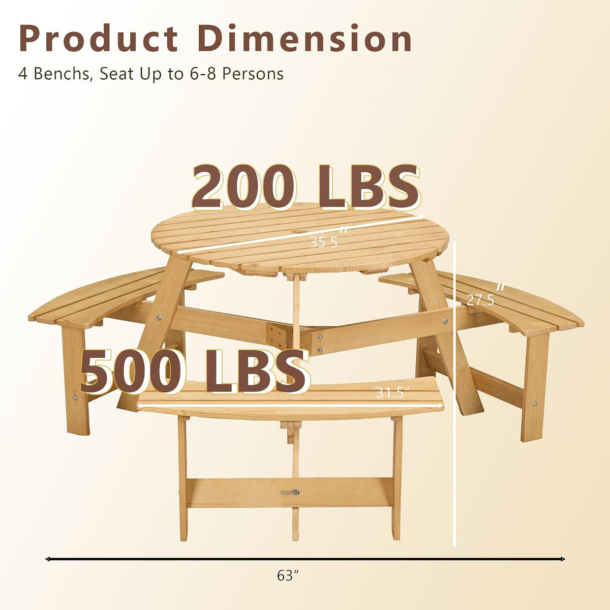 Round 6 Person Outdoor Picnic Table with 3 Built-in Benches