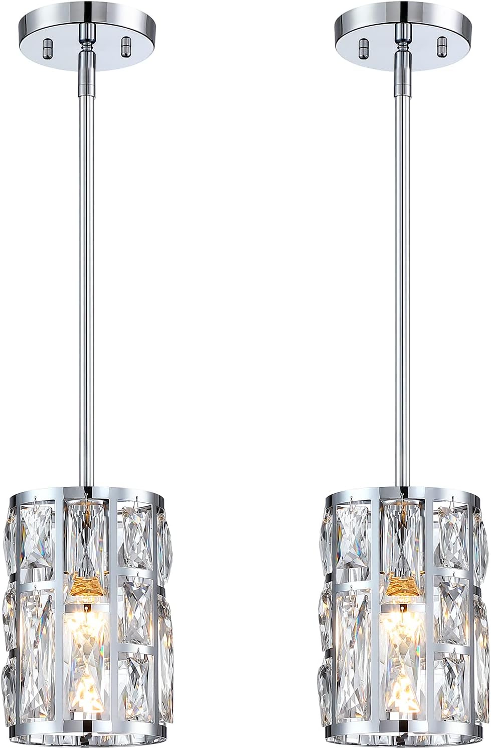MEXO Modern Crystal Pendant Light Fixture 2-Pack Chrome Finish Hanging Lighting Crystal Chandelier for Kitchen Island