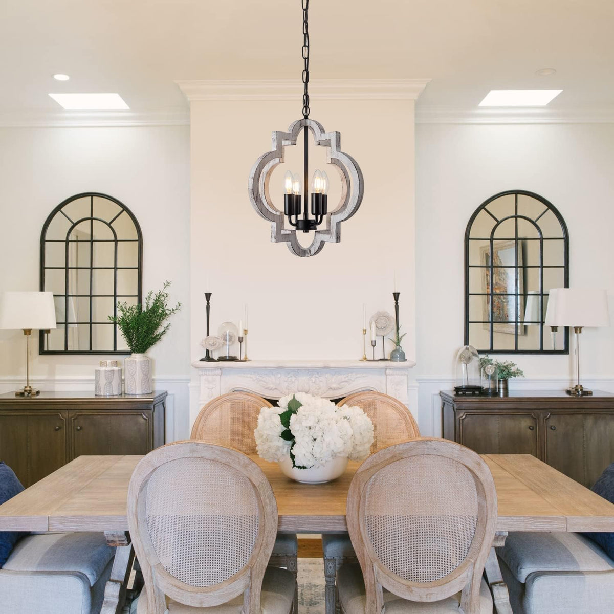 4-Light 15" Farmhouse Orb Chandelier Rustic Handmade Distressed White Wood Hanging Ceiling Pendant Light Fixture Wood Lantern Chandeliers for Dining Room Kitchen Bedroom Foyer Hallway