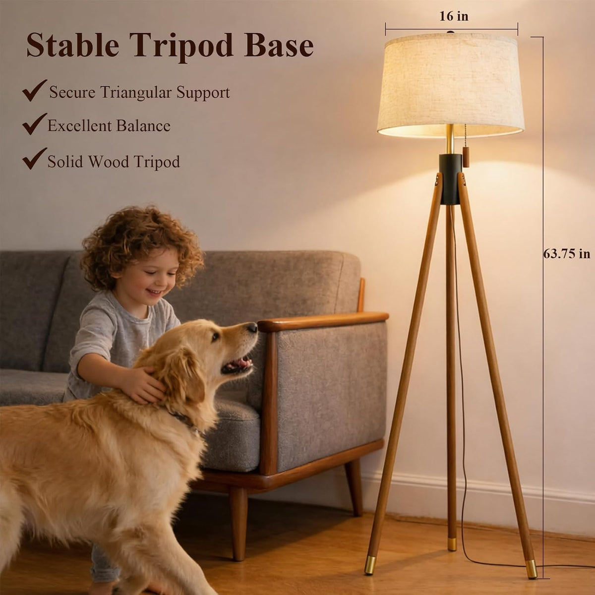 MOFFE Mid Century Tripod Floor Lamp with Pull Chain,Black & Gold Finish