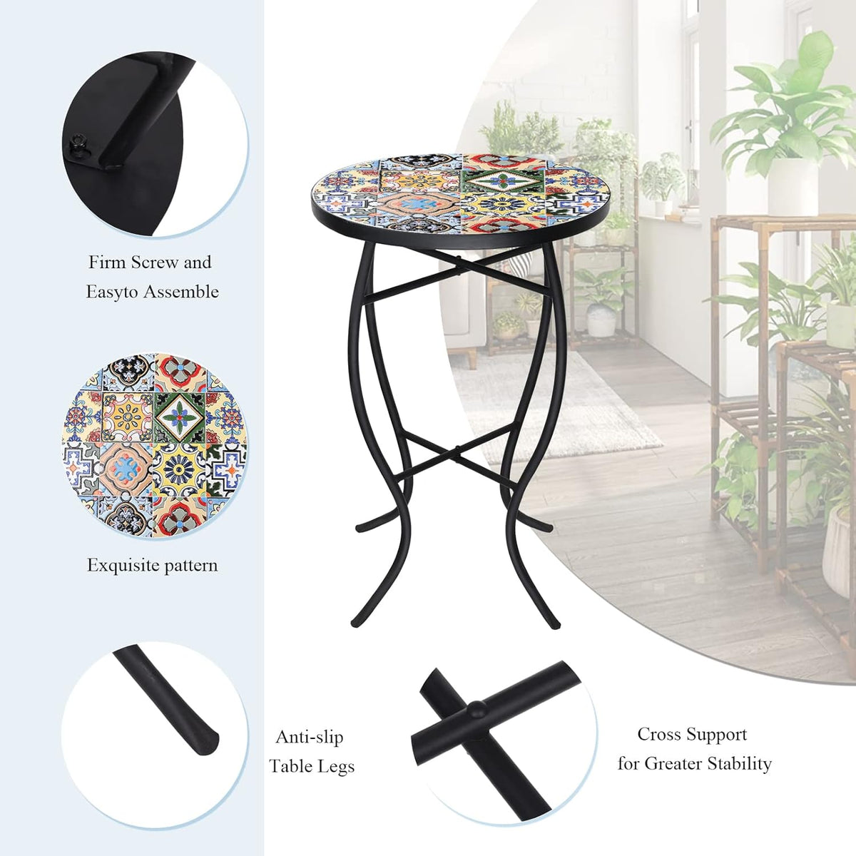 VCUTEKA Mosaic Outdoor Side Table, 14" Round Small Patio Accent Table