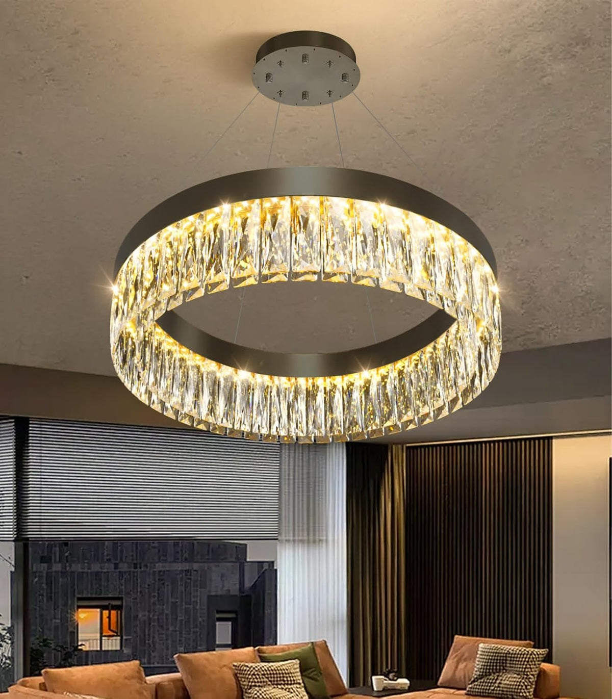 23.6" 1 Ring Modern LED Dimmable Ring Chandelier Adjustable Round Crystal Chandelier for Dining Room Living Room Black