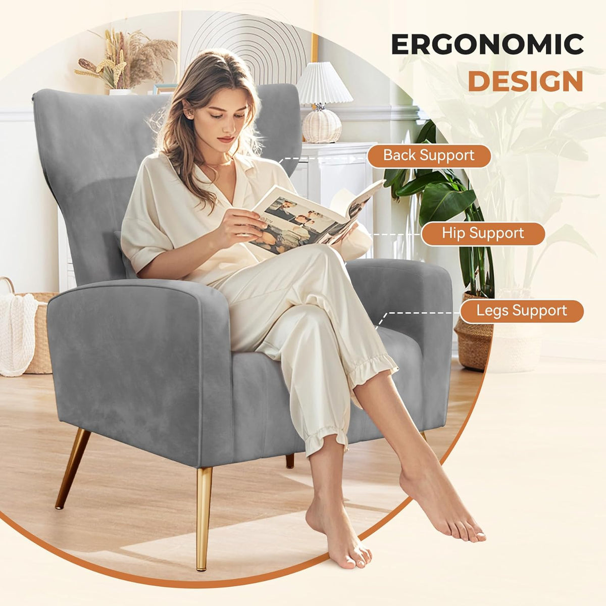 Nalupatio Modern Accent Chairs for Set of 4 Upholstered Velvet Fabric Reading Chair Mid Century Arm Chair Comfy Armchair for Living Room,Grey