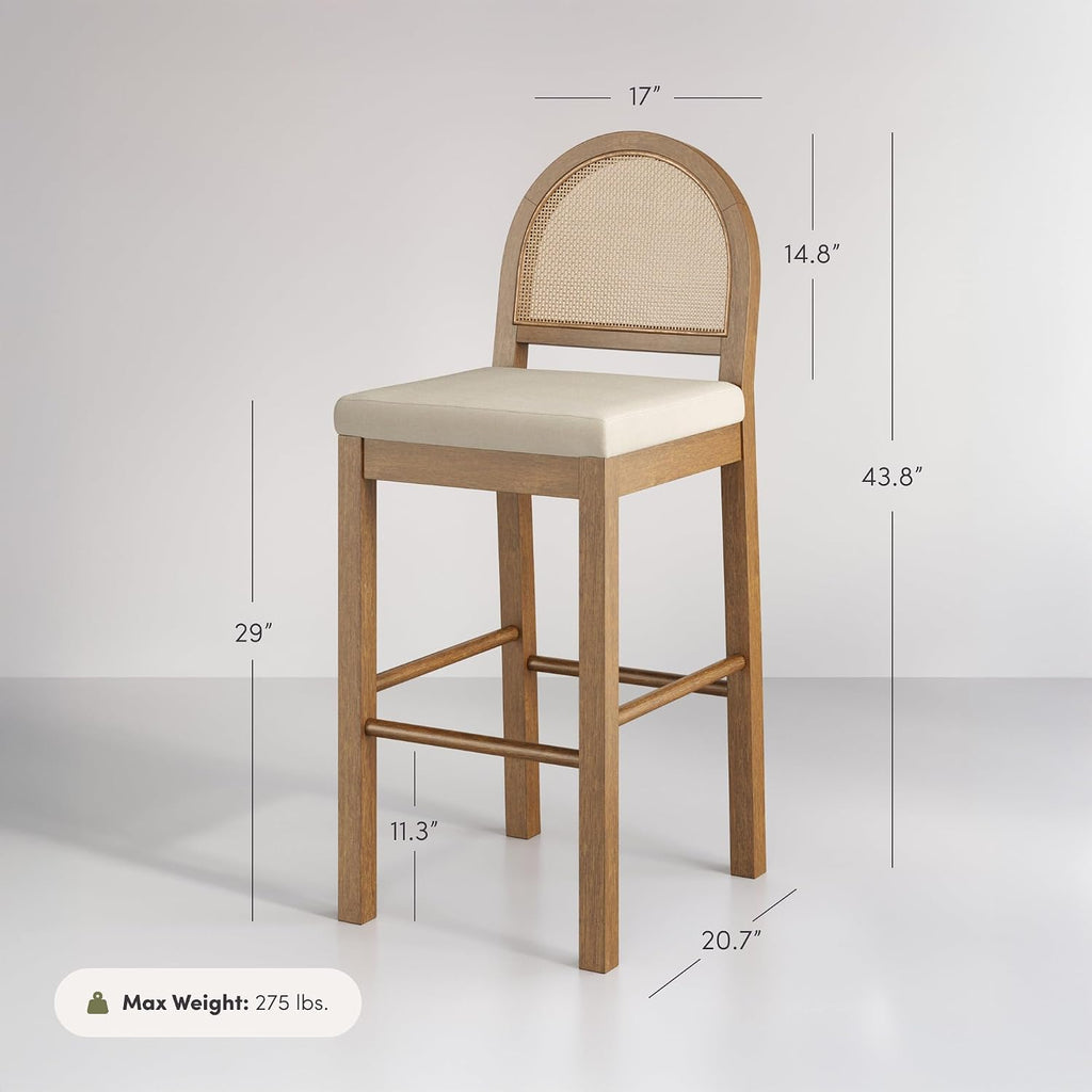 Nathan James Bailey 29 in. Boucle Bar Stool with Back, Bar Height Chair with Natural Woven Rattan Back and Solid Wood Legs, Light Brown