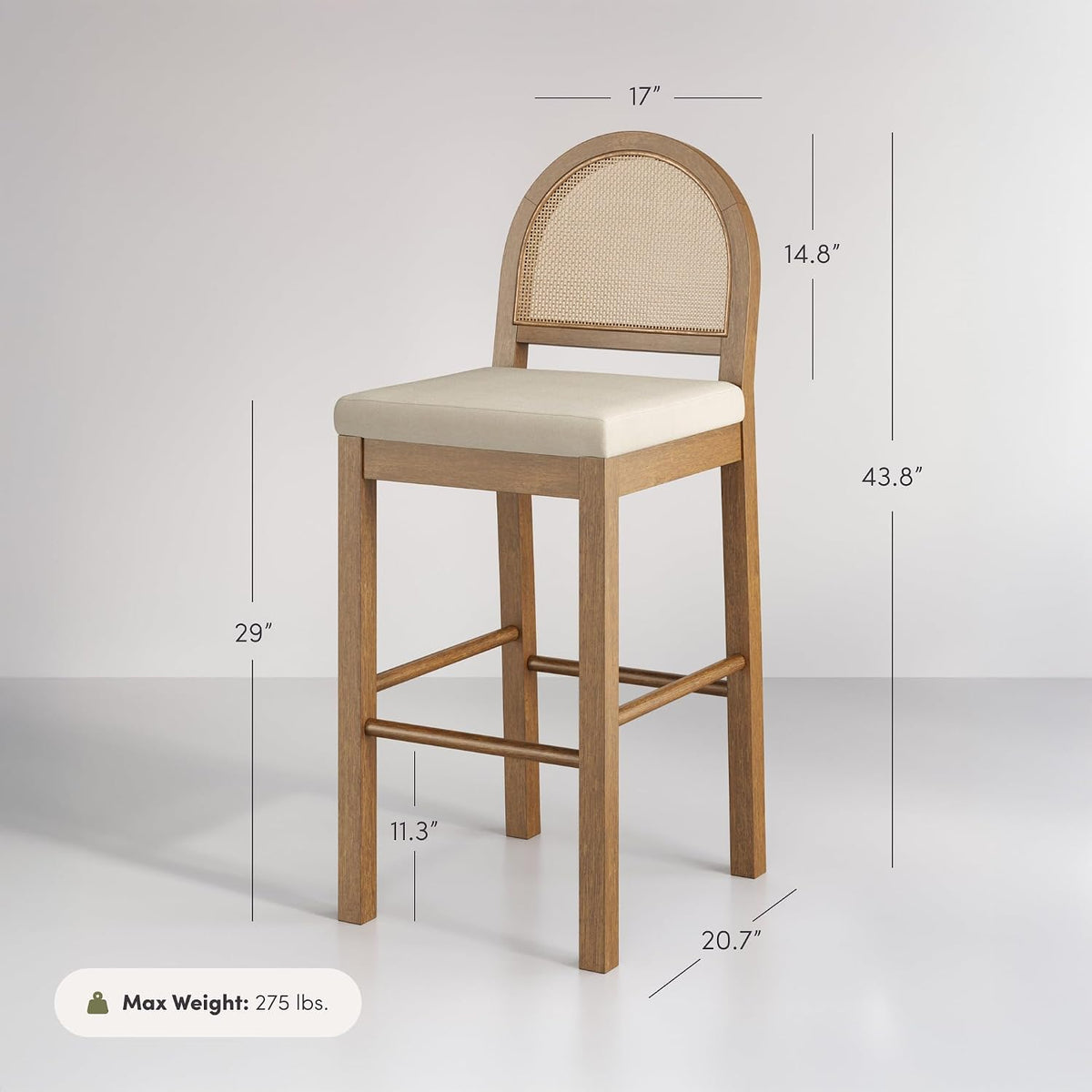 Nathan James Bailey 29 in. Boucle Bar Stool with Back, Bar Height Chair with Natural Woven Rattan Back and Solid Wood Legs, Light Brown