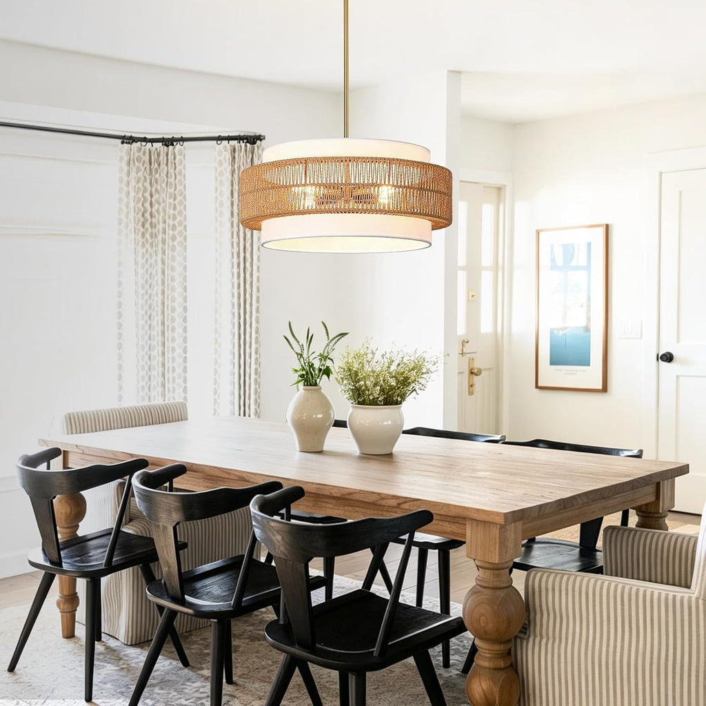 4-light rattan chandelier for dining room, 19.7" boho, side view