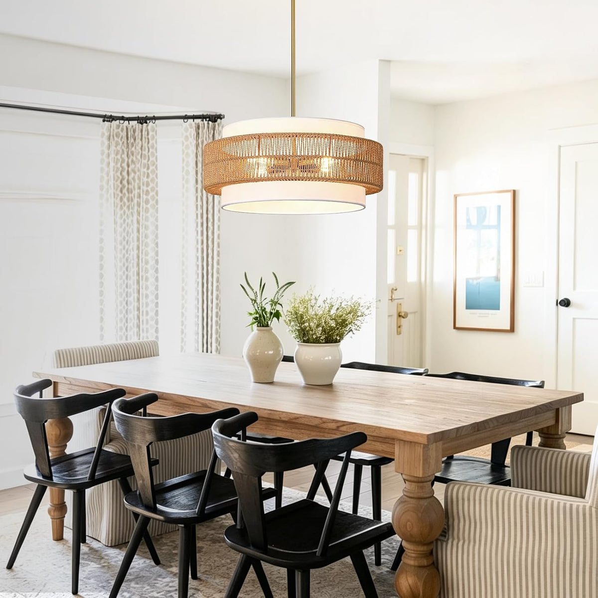4-light rattan chandelier for dining room, 19.7" boho, side view