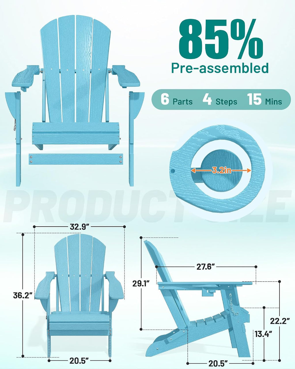 PLUUV Folding Adirondack Chair, HDPE Fire Pit Chair with Cup Holder, Aruba