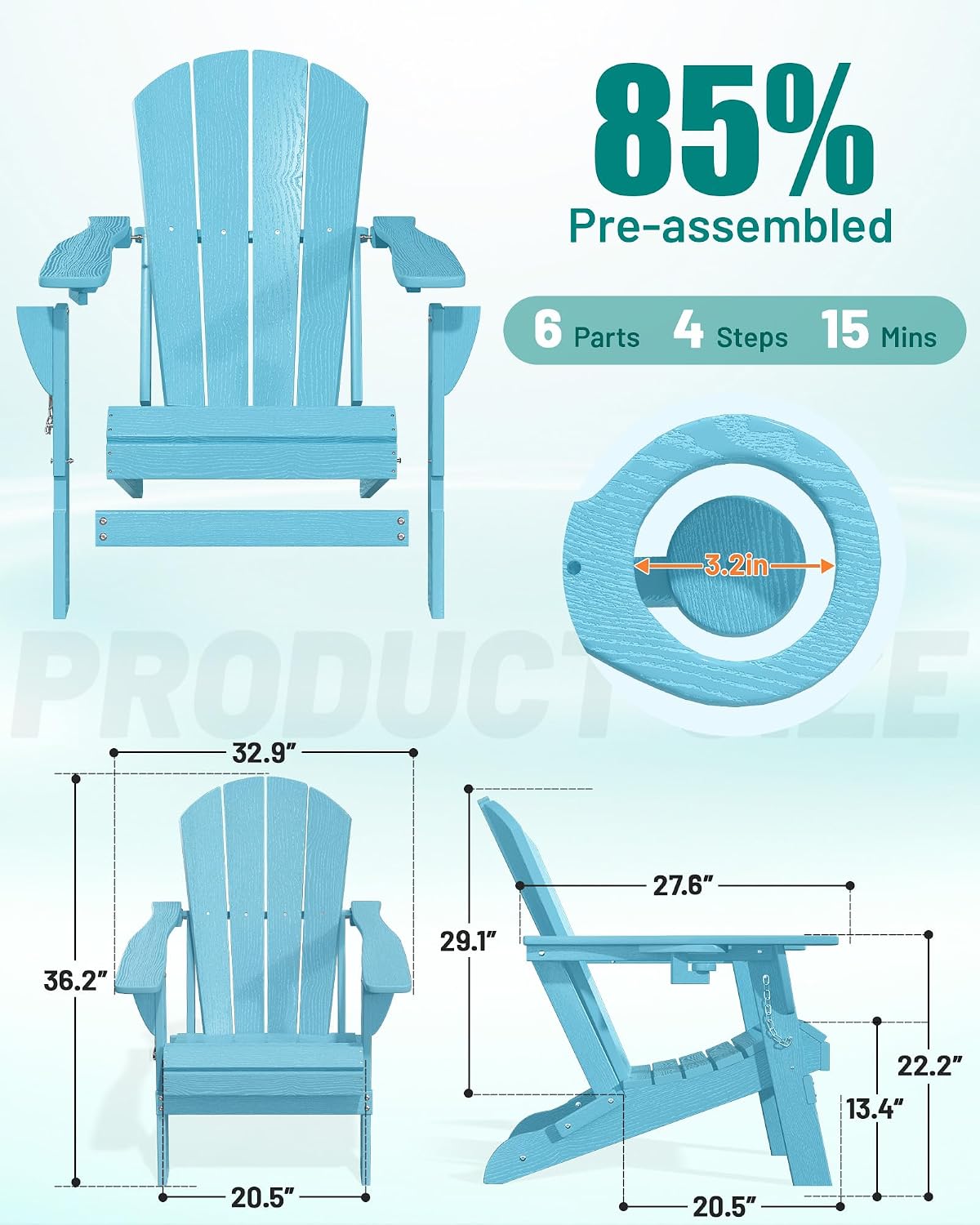 PLUUV Folding Adirondack Chair, HDPE Fire Pit Chair with Cup Holder, Aruba