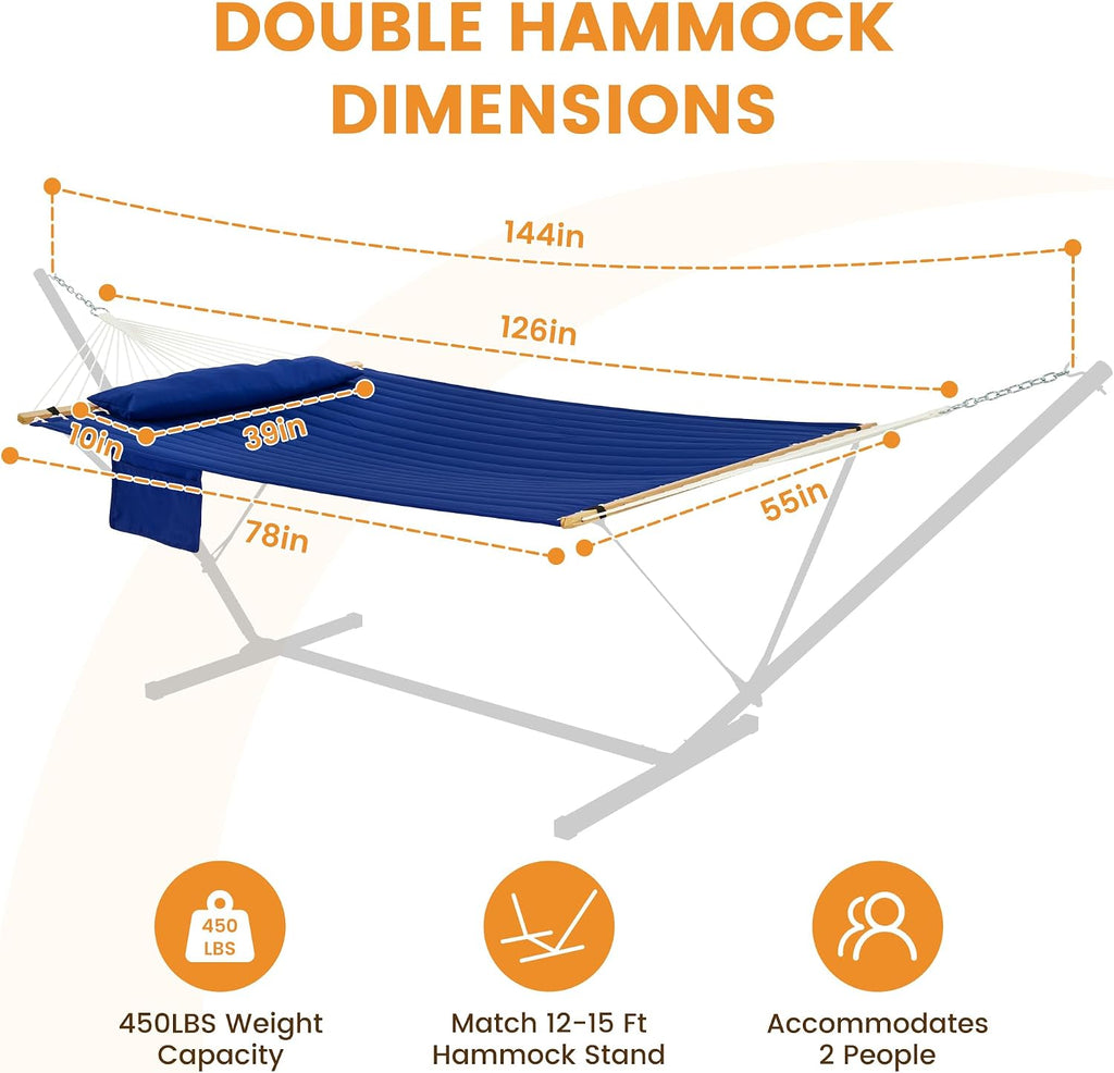 Lazy Daze Double Hammock with Pillow & Tree Straps for Outside, Navy Blue
