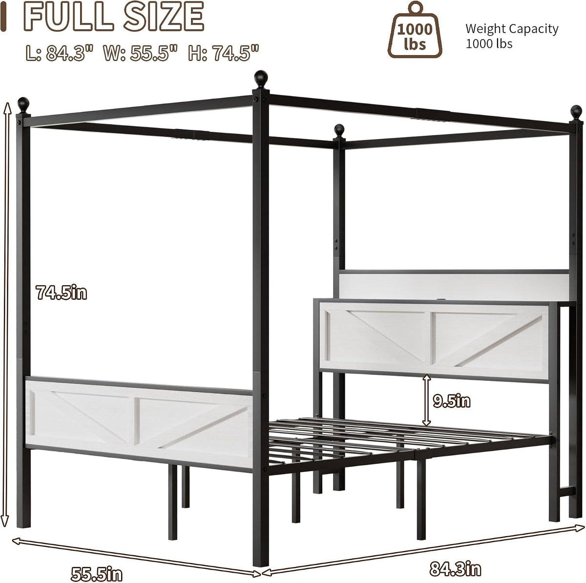 Canopy Bed Frame Full Size with Storage Headboard, White