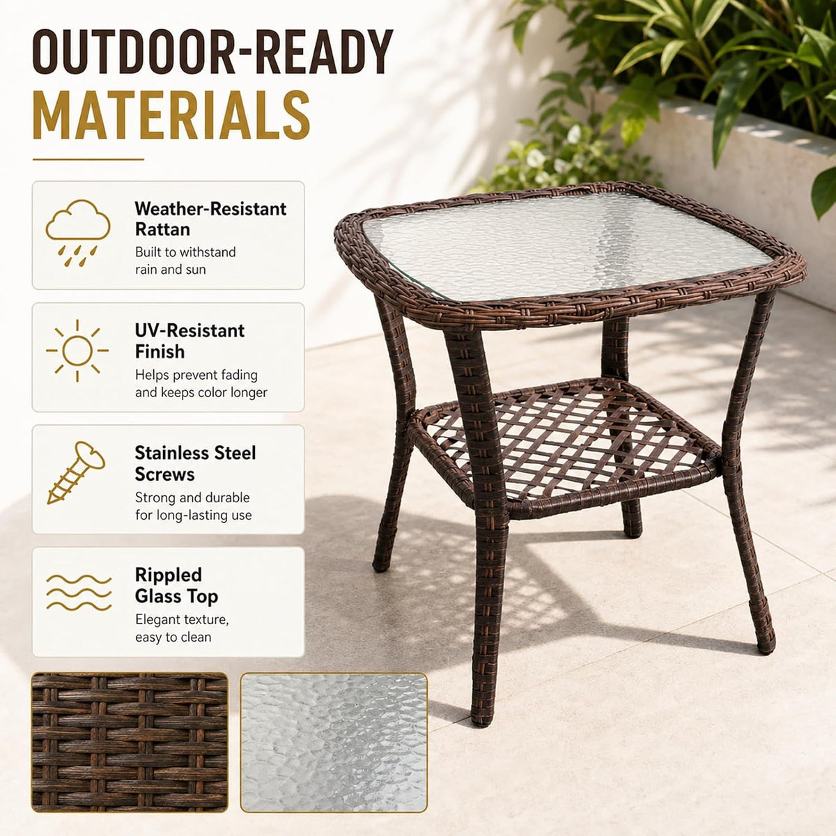 DIMAR GARDEN Outdoor Side Table Wicker Patio Coffee Table with Glass Top and Storage Shelf, Mixed Brown
