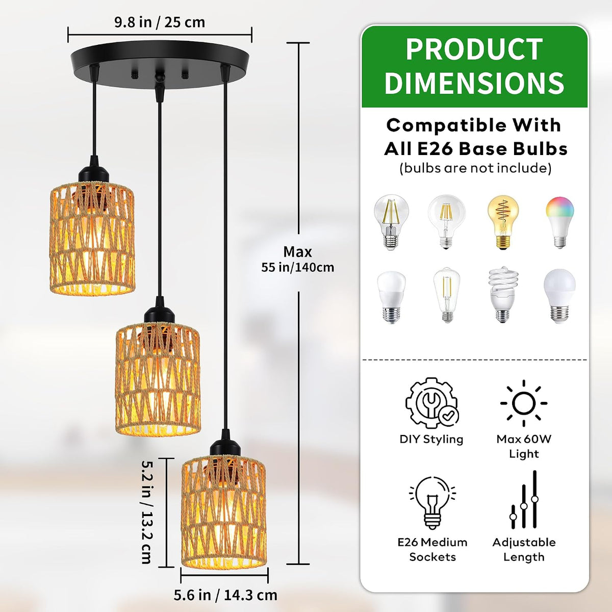 phaosio 3-light pendant lights, farmhouse hanging light fixture, close-up detail