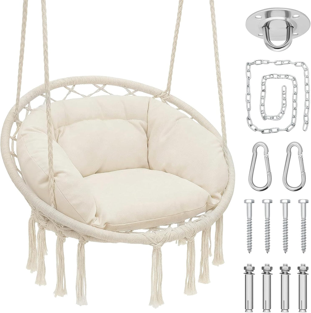 Magshion Macrame Hanging Hammock Chair with Cozy Full Cushion, Beige