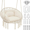Magshion Macrame Hanging Hammock Chair with Cozy Full Cushion, Beige