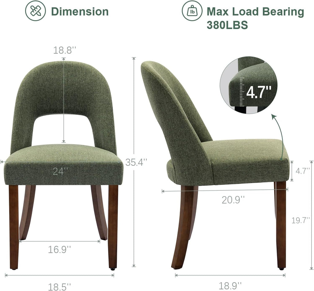 Wooden Dining Chairs Set of 4, Upholstered Kitchen Chairs with Walnut Wood Legs and Curved Linen Fabric Backrest, Modern Farmhouse Dining Room Chairs for Kitchen Dining Vanity, Green