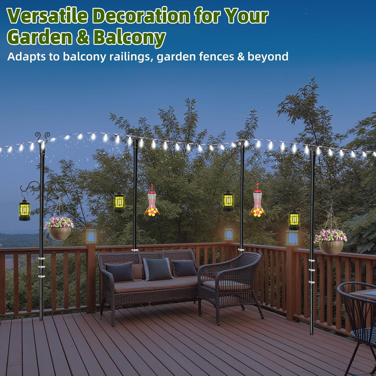 2 Pack Outdoor Patio Light Poles for String Lights, 10Ft Heavy Duty Metal String Light Poles with Shepherds Hooks for Hanging Plant & Bird Feeder, Deck Pole for Outdoor Strings Lights