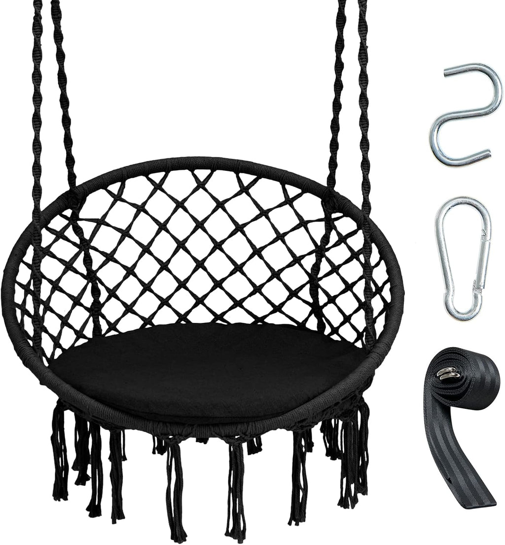 Giantex Hammock Chair Macrame Swing with Cushion & Hardware Kit, Black