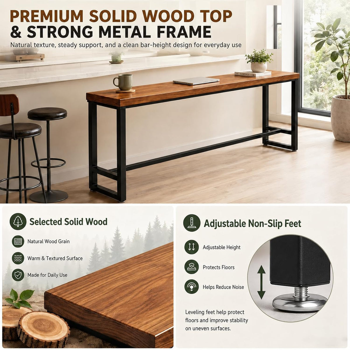 94.5" Solid Wood Bar Height Table, Long Narrow High Top Pub Table