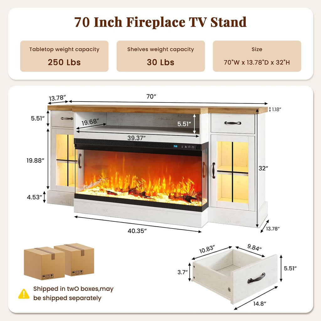 70" Fireplace TV Stand for TVs Up to 80" & Adjustable Shelves, White