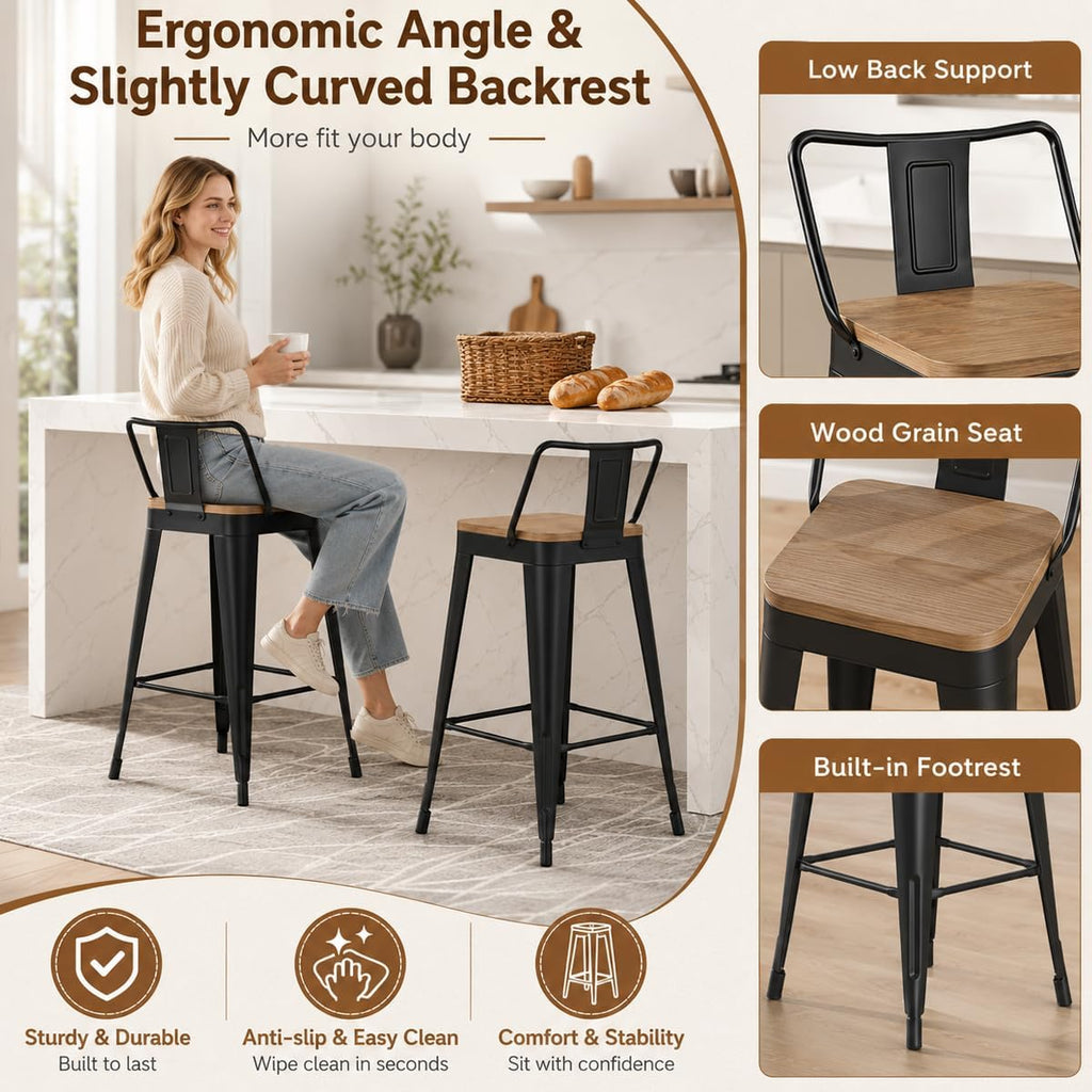 Yongchuang 24" Metal Barstools Set of 4 Counter Bar Stools with Wood Top Low Back Matte Black