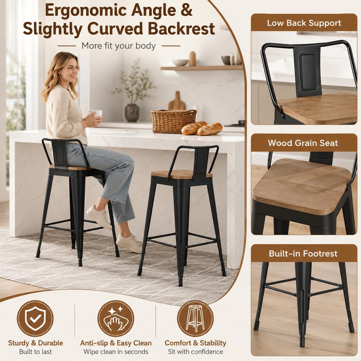 Yongchuang 24" Metal Barstools Set of 4 Counter Bar Stools with Wood Top Low Back Matte Black