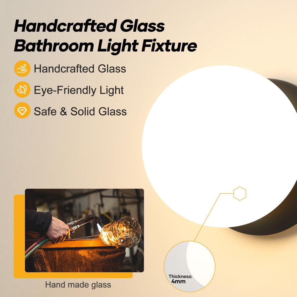 2 Pack Modern Matte Black Wall Light Fixtures, Mid-Century Globe Glass Wall Sconces Set of Two for Bathroom Mirror, Living Room, Hallway, Entryway (Bulbs Not Included)