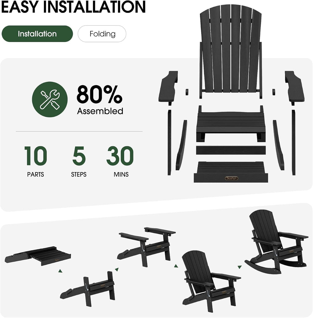 4-in-1 Adirondack Rocking Chair Set of 4, HDPE, Ottoman, Black