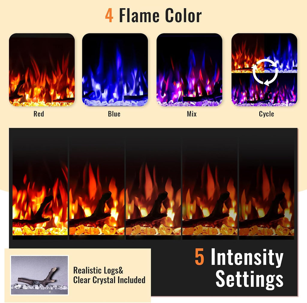 TUAN 60 Inch Electric Fireplace,Ultra-Thin Electric Fireplace Inserts,Recessed & Wall-Mounted Fireplace, Adjustable Flame, Remote Control - Linear with Timer, 750/1500W