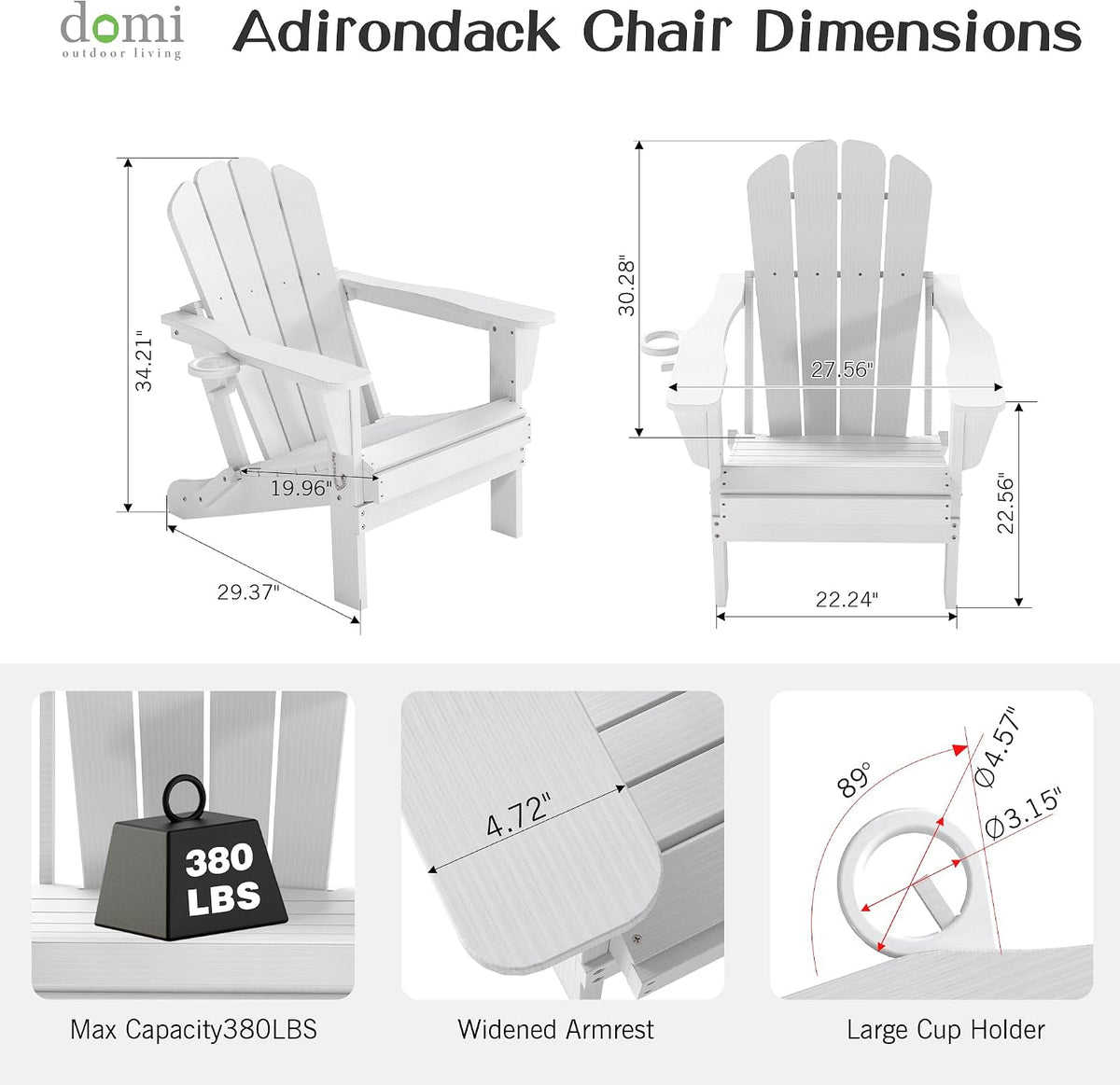 Domi Folding Adirondack Chair Set of 8, HDPE All-Weather Adirondack Chairs with Cup Holder, Outdoor Plastic Fire Pit Chairs Wood Texture for Poolside, Patio, Backyard, Deck (White)